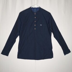 Peter England 1/4 Button Shirt Mens 38 Navy Cotton Long Sleeve Mandarin Boho